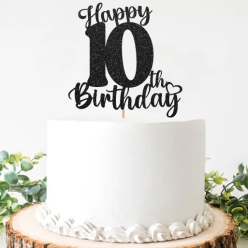 10th Birthday Black Glittering Cake Pick Topper